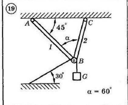 Для представленных на схемах 1-30 механических систем найти усилия в опорных стержнях 1 и 2. Вес гру
