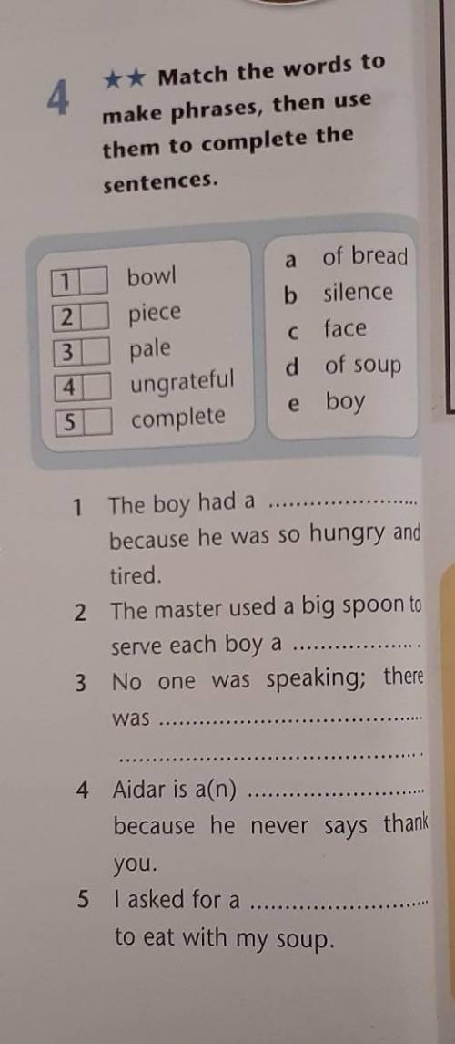 1 The boy had a because he was so hungry and tired. 2 The master used a big spoon to serve each boy