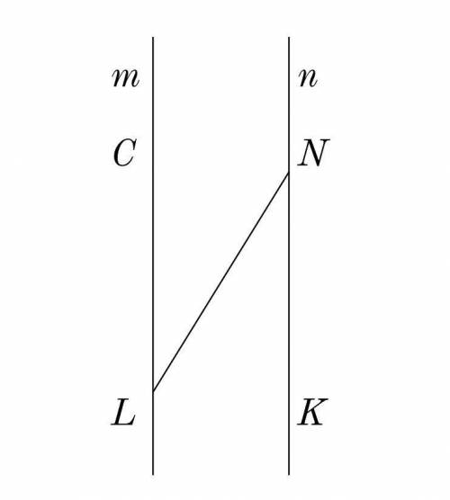 Чему равно расстояние между параллельными прямыми m и n , если уголLNK = 30градусов, а отрезок LN =