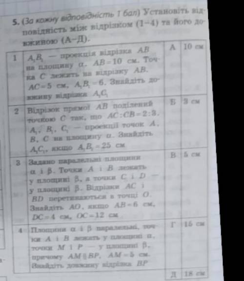 1)Установіть відповідність між відрізком(1-4)та його довжиною (А-Д) А1B1 - проекція відрізка AB на п