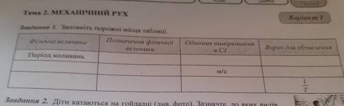 Тема 2. МЕХАНІЧНИЙ РУХ Варіант 1 Завдання 1. Заповніть порожні місця таблиці. Позначення фізичної Фі