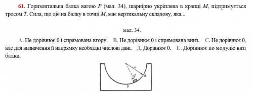 Горизонтальна балка вагою Р , шарнірно укріплена в крапці М, підтримується тросом Т. Сила, що діє на