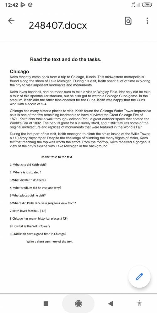 Read the text and do the tasks. Chicago. Будь-ласка , мені потрібно написати на контрольну роботу.