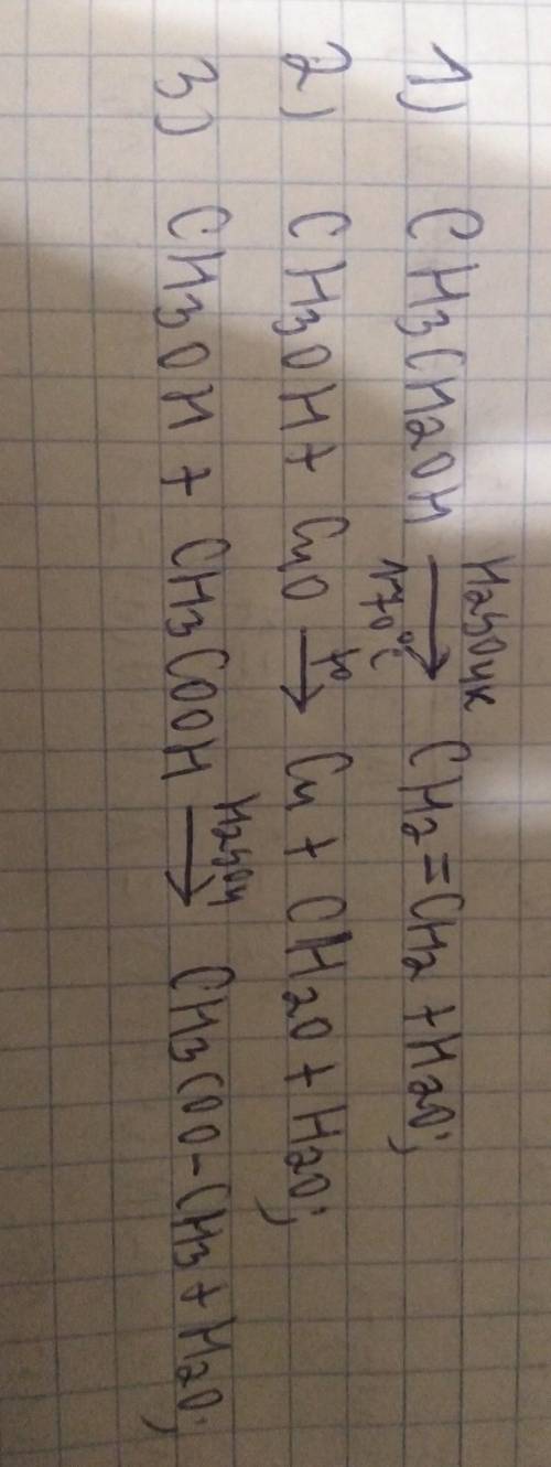 Дополни схемы реакций:   1. CH3CH2OH−→−−−−−−−−−−H2SO4(к.),170°C . 2.  CH3OH+CuO→ . 3. CH3OH+CH3COOH→