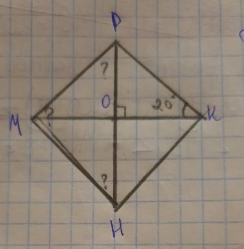 нужно найти углы треугольника НМР известно что угол ОКР =20°