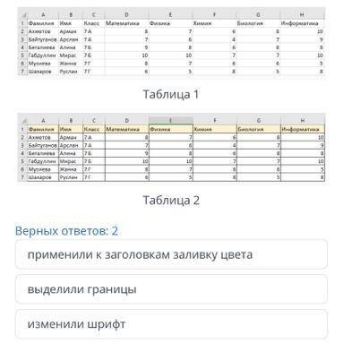 , online mekten . Сравни две таблицы . Какие изменения были внесены после форматирования в таблице 2