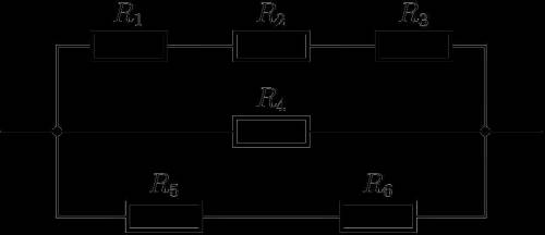 На рисунке представлена схема электрической цепи, состоящей из шести резисторов. Сопротивления резис