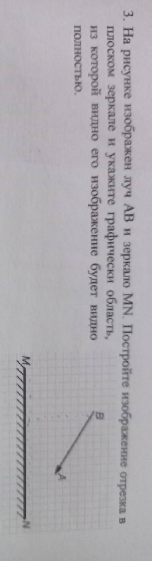 На рисунке нображен луч AB и зеркало MN. Постройте изображение отрезка в послом зеркале и укажите гр