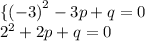 \{ {( - 3)}^{2} - 3p + q = 0 \\ {2}^{2} + 2p + q = 0