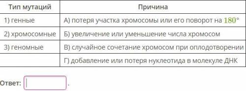 Соотнеси типы мутаций и их причины. (Запиши в ответе последовательность цифр и букв. Пример: 1Б2А3В.