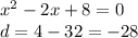 {x}^{2} - 2x + 8 = 0 \\ d = 4 - 32 = - 28