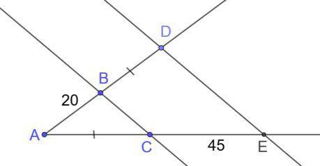 ВС || DE. AC = BD. AB = 20, CE = 45. Визначте АЕ.