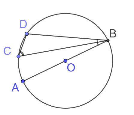 Точка О – центр кола. ∠ABD = 38°. Чому дорівнює кут DCB?