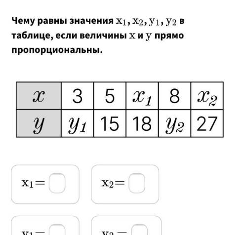 Чему равны значения X1,X2,Y1,Y2 в таблице, если величины X Y прямо пропорциональны