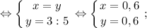 \displaystyle \Leftrightarrow \left \{ {{x=y} \atop {y=3:5}} \right. \Leftrightarrow \left \{ {{x=0,6} \atop {y=0,6}} \right. ;