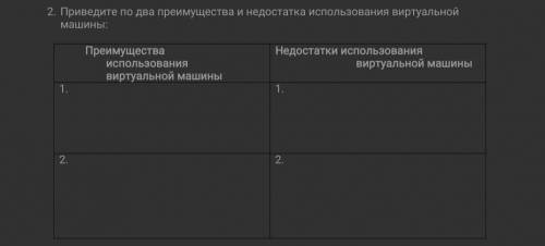 Приведите по два преимущества и недостатка использования виртуальной машины