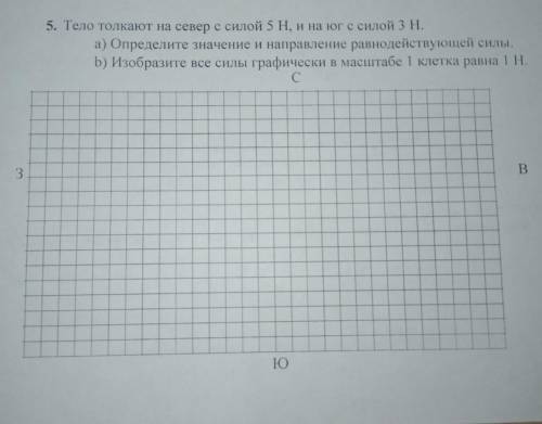 5. Тело толкают на север с силой 5 H, и на юг с силой 3 Н. а) Определите значение и направление равн