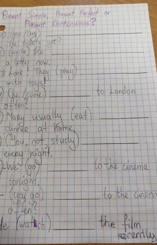 Present Simple, Present Perfect or Present Continuous ? 0 the tickets yet? 2 write) Hle a letter now