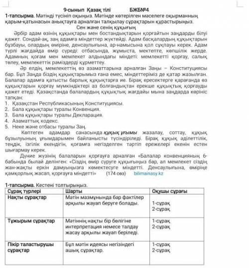 Кестені толтырыңыз. Сұрақ түрлері Нақты сұрақтар Шарты Мәтін мазмұнында бар фактілер арқылы жауап бе