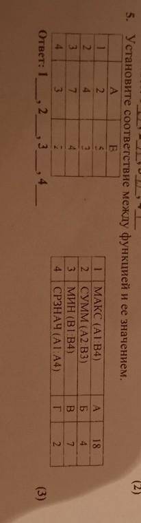 5. Установите соответствие между функцией и ее значением. A E 1 2 s 1 MAKC (AT:B4) 2 4 3 2. СУММ (A2
