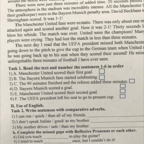 Task 1. Read the text and number the sentences 1-6 in order 1) A. Manchester United scored their fir