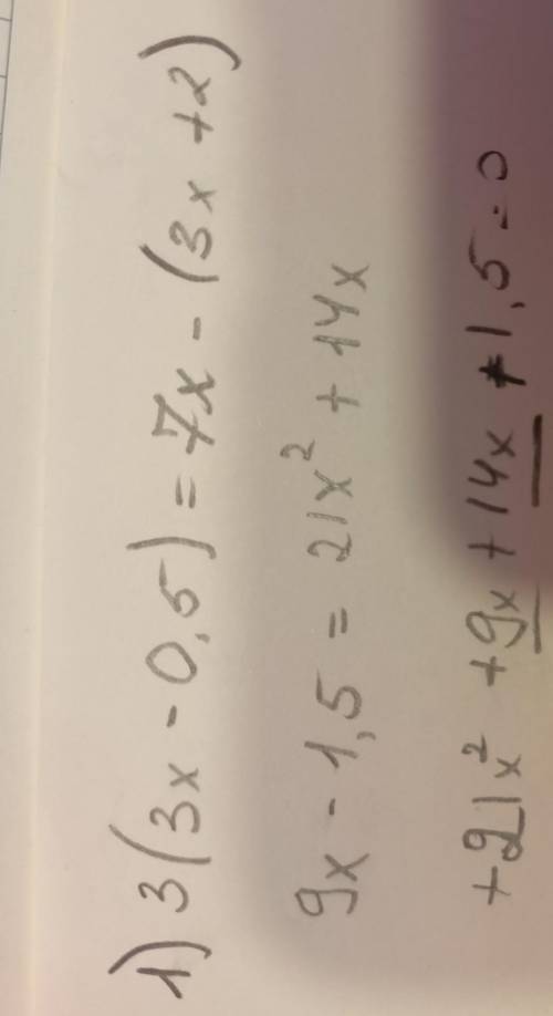 Решить уравнения1)3(3x-0,5)=7x-(3x+2)2)(x-3)^2=x(x+2)