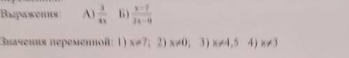 Каждому из данных выражений поставьте в соответствие допустимые значения Выражения: а) 3. B) X-7 ¯¯.