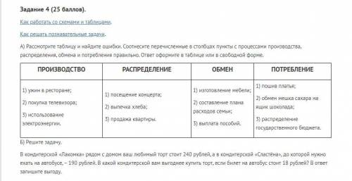 А) Рассмотрите таблицу и найдите ошибки. Соотнесите перечисленные в столбцах пункты с процессами про