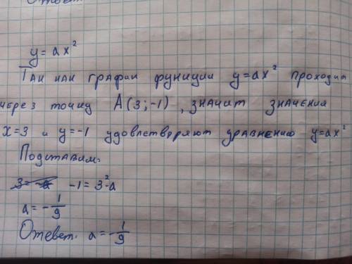 2. При каких значеннях а график функции y = a * x ^ 2 проходит через точку A(3;-1)