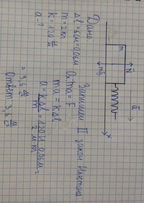 Груз массой 2 кг тянут по гладкой горизонтальной поверхности с пружины, которая растянулась на 6 см.