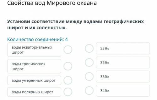 Онлайн мектеп. Свойства вод Мирового океана. Установи соответствие между водами географических широт