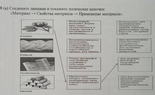 8(а). Соедините линиями и покажите логические цепочки: материал-> свойства материала-> примен