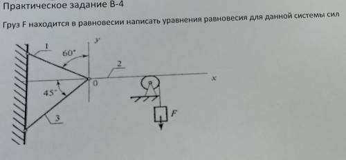 Груз F находится в равновесии, написать уравнения равновесия для данной системы сил