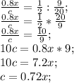 \frac{0.8x}{c} = \frac{1}{2} : \frac{9}{20} ;\\\frac{0.8x}{c} = \frac{1}{2} *\frac{20}{9} \\\frac{0.8x}{c} =\frac{10}{9};\\10c = 0.8x*9 ;\\10c=7.2x;\\c=0.72x;