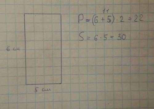 Задан прямоугольник со сторонами 5см и 6 см. Найди его периметр и площадь