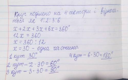 9. (2 б.) Круг поділено на 4 сектори, що відносяться як 1:2:3:6. Знайдіть кути цих секторів.