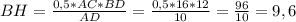 BH = \frac{0,5*AC*BD}{AD} = \frac{0,5*16*12}{10} = \frac{96}{10} = 9,6