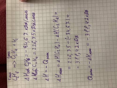 Вычислите теплоту реакции дегидрирования этана С2Н6 →С2Н4 + Н2 если теплота образования ∆Нобр. С2Н4