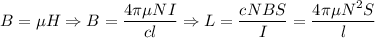 B=\mu H\Rightarrow B = \dfrac{4\pi\mu NI}{cl} \Rightarrow L = \dfrac{cNBS}{I} = \dfrac{4\pi \mu N^2S}{l}