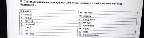 В. Составьте словосочетания, используя слова, данные в левой и правой колонке Example: 0-e 0. Confli