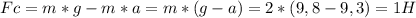 Fc=m*g-m*a=m*(g-a)=2*(9,8-9,3)=1 H