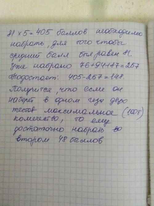 Самандар сдает 5 тестов по информатике, максимальный , который можно получить в тесте - 100. Саманда