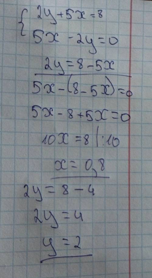 Реши систему уравнений:{2y+5x=85x-2y=0(При необходимости ответ округлить до сотых)