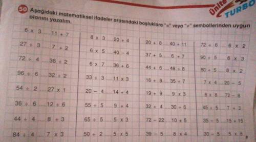 50) Aşağıdaki matematiksel ifadeler arasındaki boşluklara eşittir işaretini veya eşit değildir işare