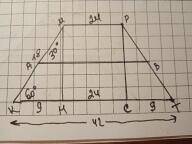 6. Більша основа рівнобічної трапеції дорівнює 42 см, бічна сторона 18 см, а кут між ними - 60°. Зна