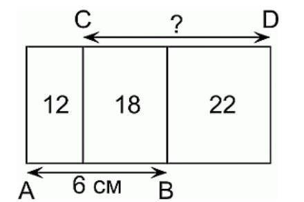 На рисунке изображены три прямоугольника, имеющие общую высоту. Чему равна длина отрезка CD, если из
