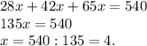 28x+42x+65x=540\\135x=540\\x=540:135=4.