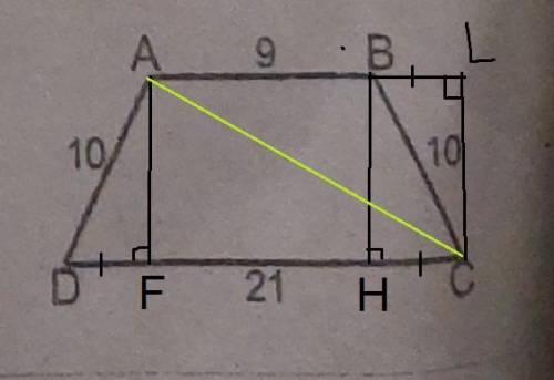 Если ABCD - равносторонняя трапеция, AD = BC = 10, AB = 9 и DC = 21, найдите BD.