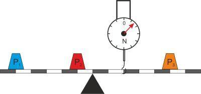 Дан рычаг с двумя грузами P1=76Н и P2=89Н на одной стороне. На другой стороне рычага находится груз
