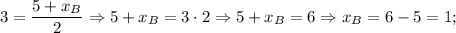 3=\dfrac{5+x_{B}}{2} \Rightarrow 5+x_{B}=3 \cdot 2 \Rightarrow 5+x_{B}=6 \Rightarrow x_{B}=6-5=1;